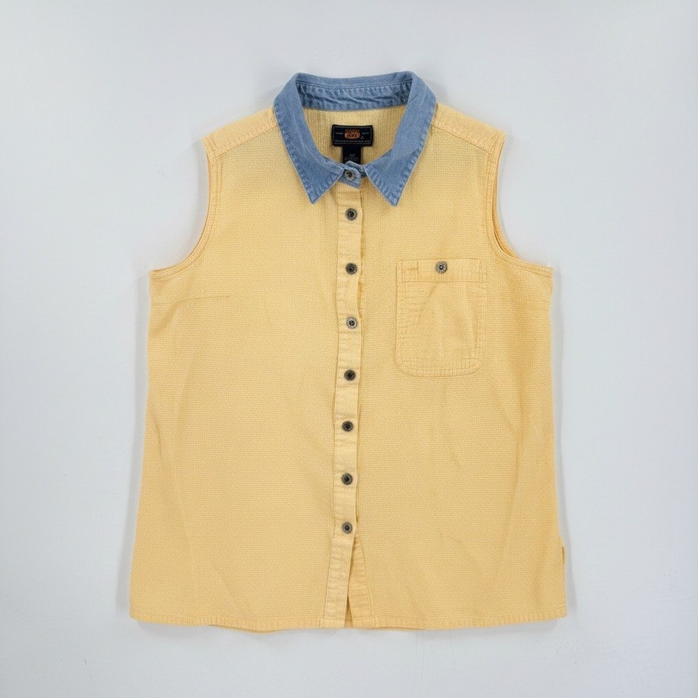 Route 66 Waffle Knit Sleeveless Button Up Shirt Denim Collar Yellow Size 18W